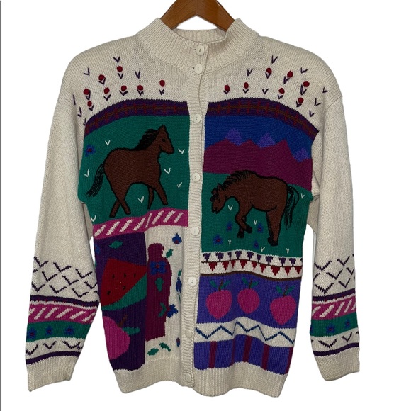 Vintage Sweaters - 80s Vintage Cottagecore Apple Orchard Horse Cardigan